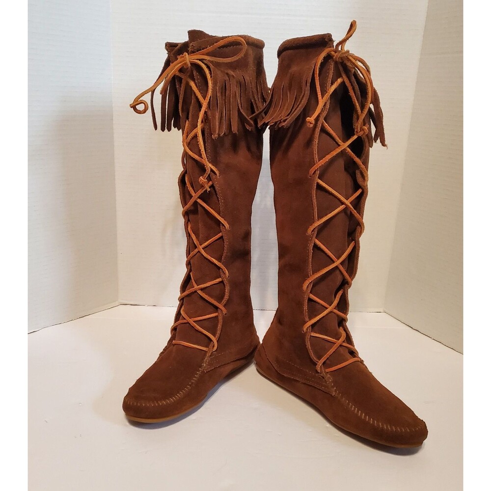 Minnetonka Front Lace Knee High Suede Fringe Moccasin Boots Wm Sz 6 Festival